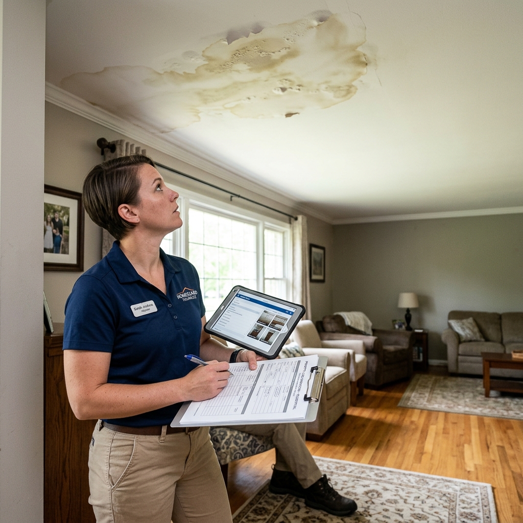 Insurance adjuster inspecting water damage on a ceiling during a home claim assessment