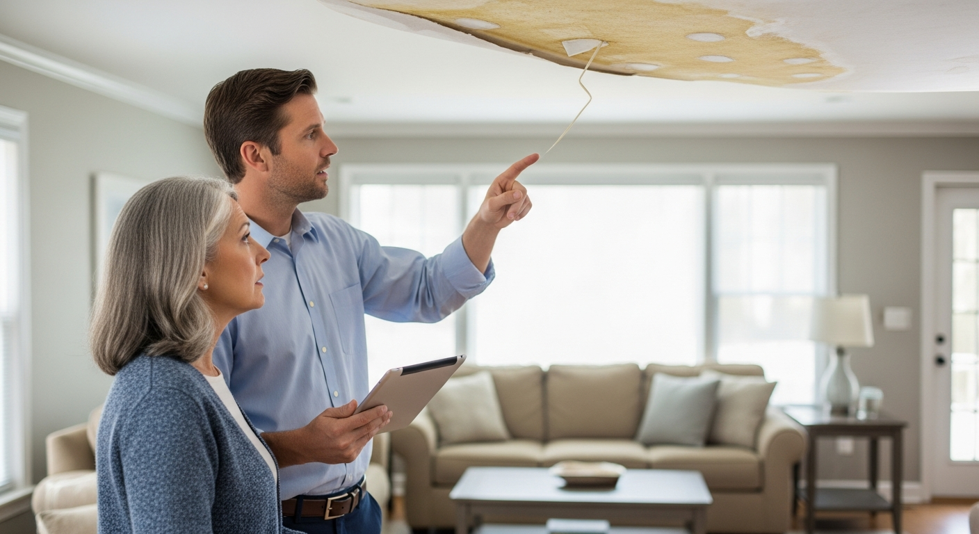 Home insurance adjuster pointing at ceiling water damage while talking to a homeowner