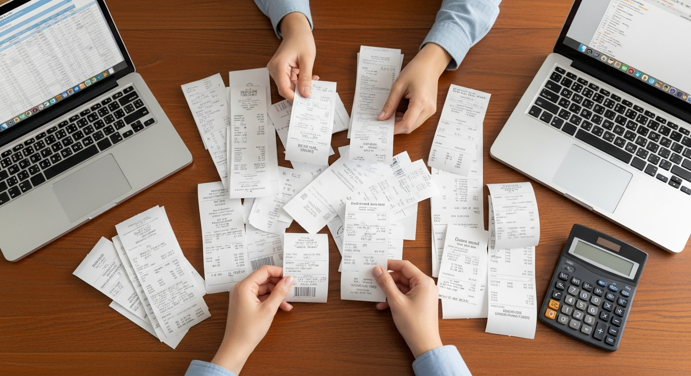 Hands organizing paper hotel and restaurant receipts next to a laptop on a dining table