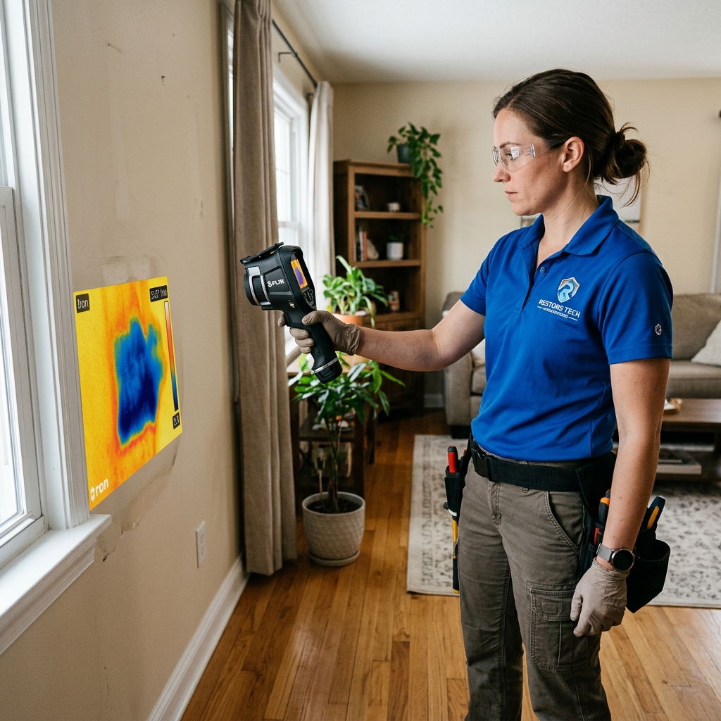 Restoration technician using thermal imaging to detect hidden moisture behind walls