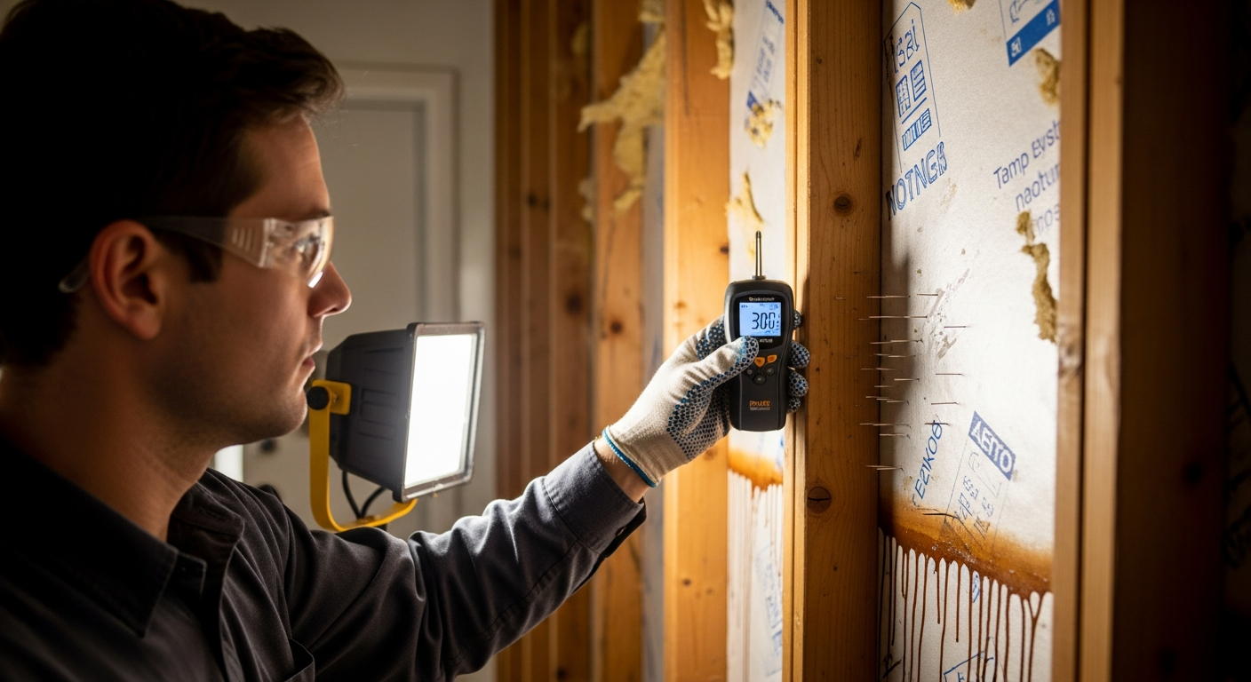 Restoration technician using a pin moisture meter to verify wall stud dryness during structural drying