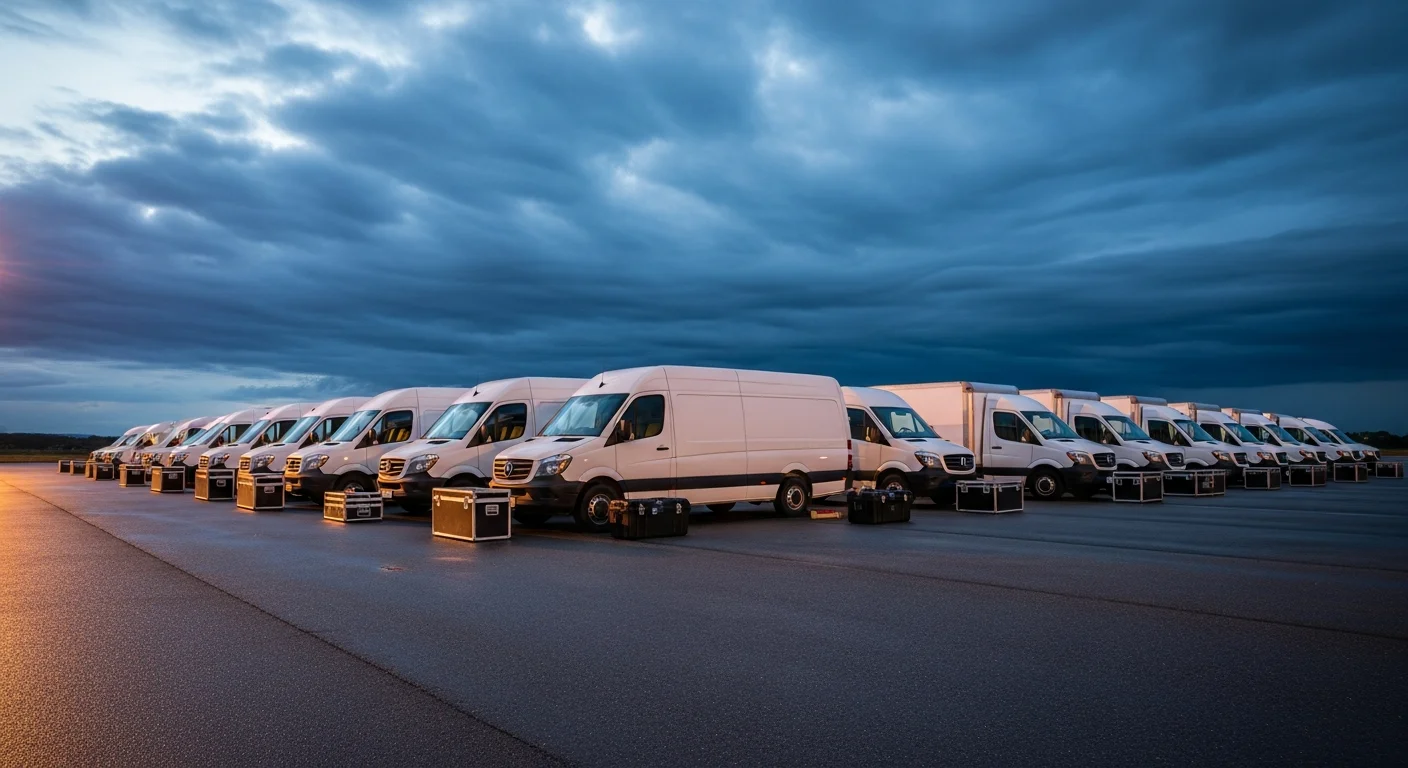 Row of branded restoration company box trucks staged in a parking lot before a storm response deployment