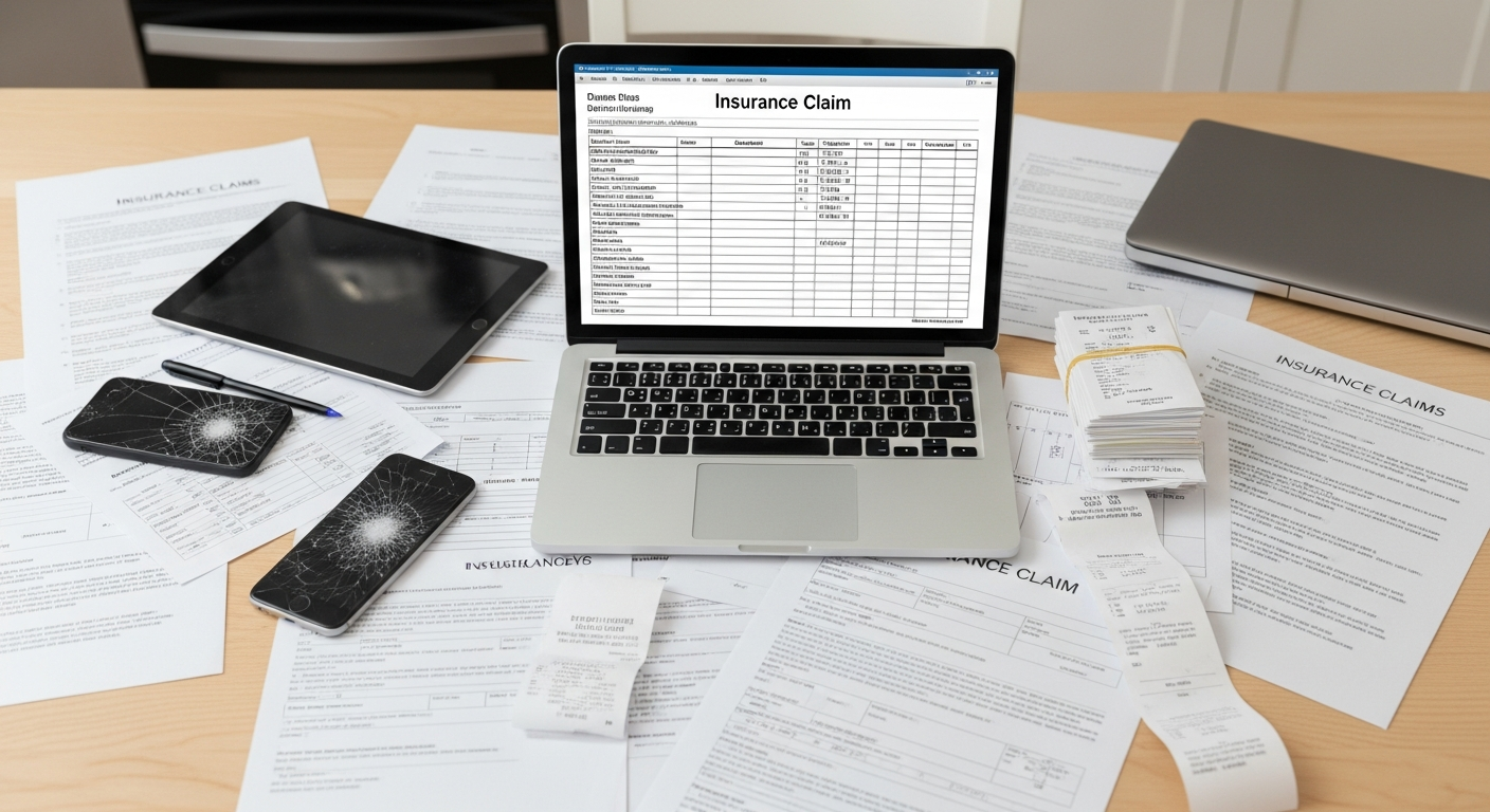 Kitchen table covered with insurance paperwork, damaged items, and a laptop showing a property inventory spreadsheet