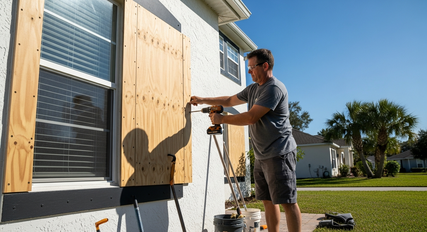 Homeowner installing pre-cut plywood storm shutter panels over windows before a hurricane