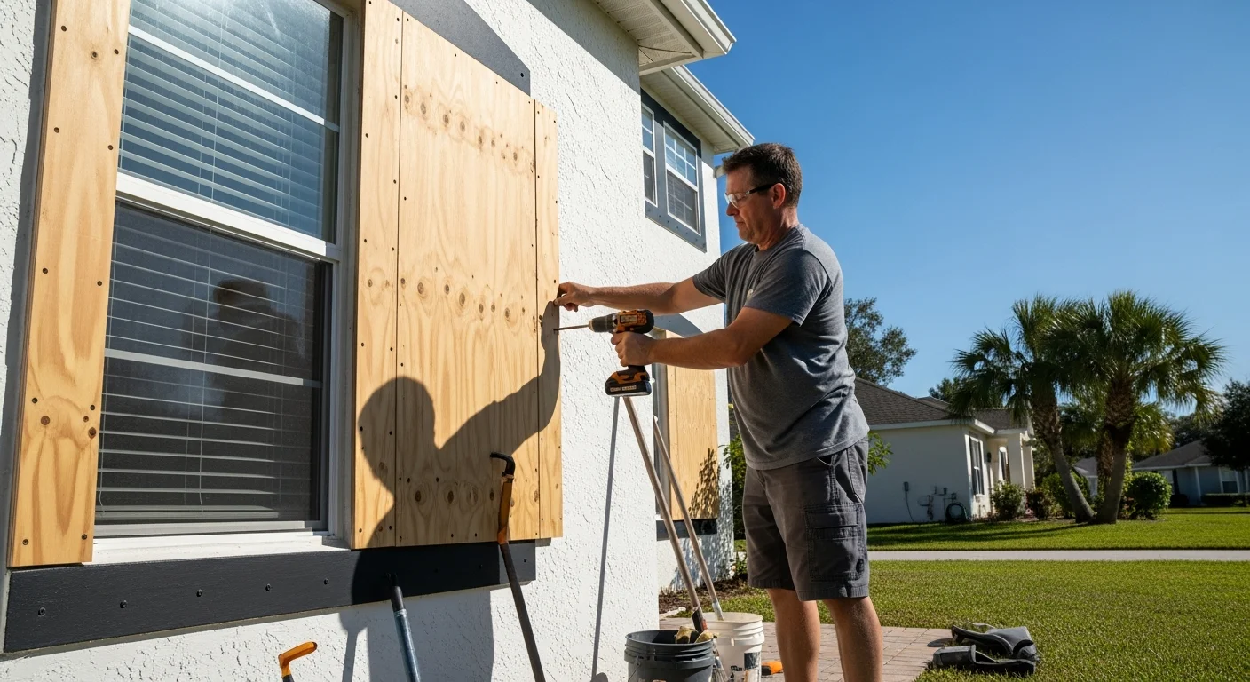 Homeowner installing pre-cut plywood storm shutter panels over windows before a hurricane