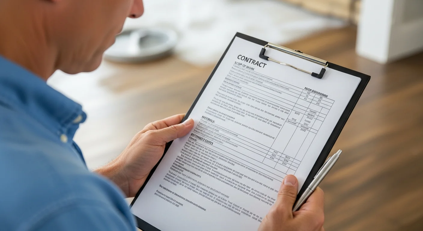 Homeowner carefully reading a detailed water damage restoration contract on a clipboard
