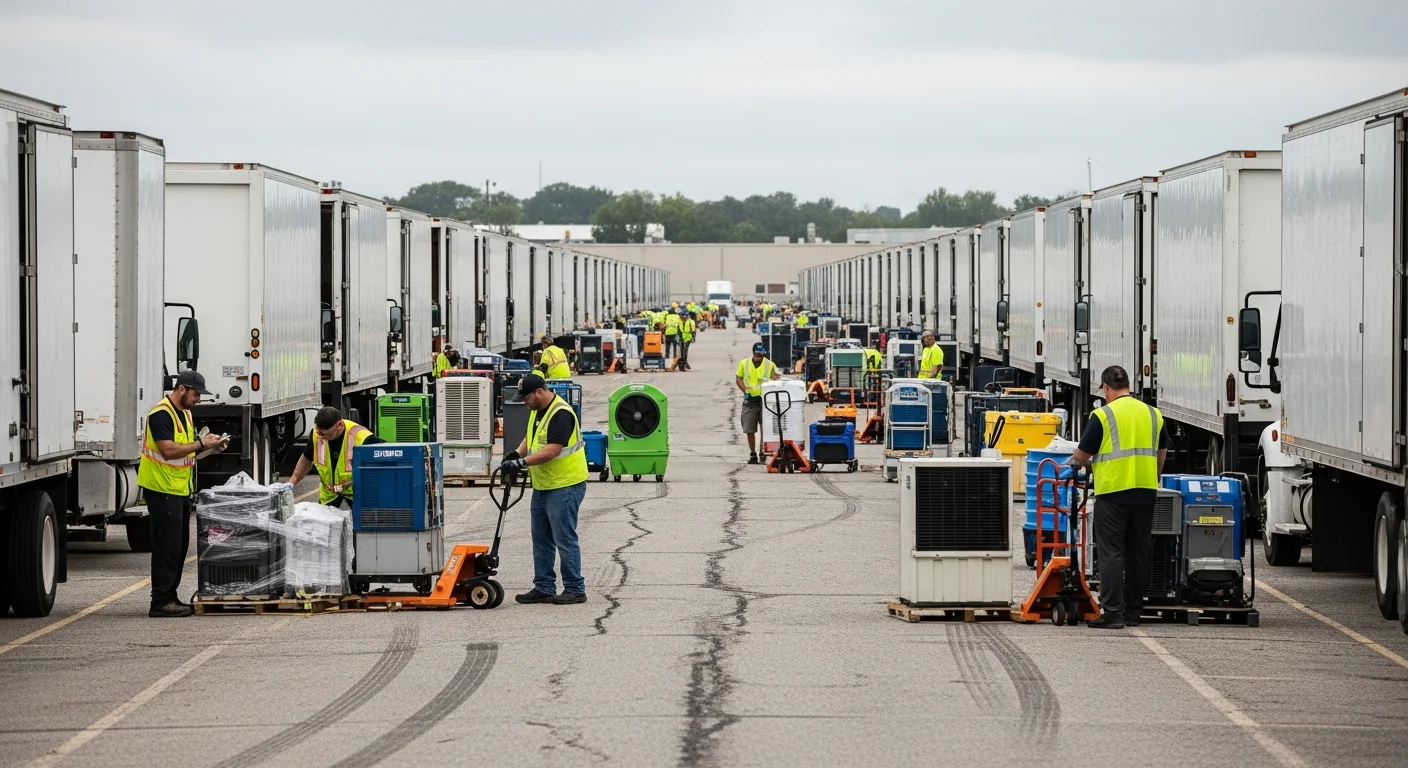 National restoration fleet of matching box trucks and trailers being loaded with dehumidifiers at a staging lot