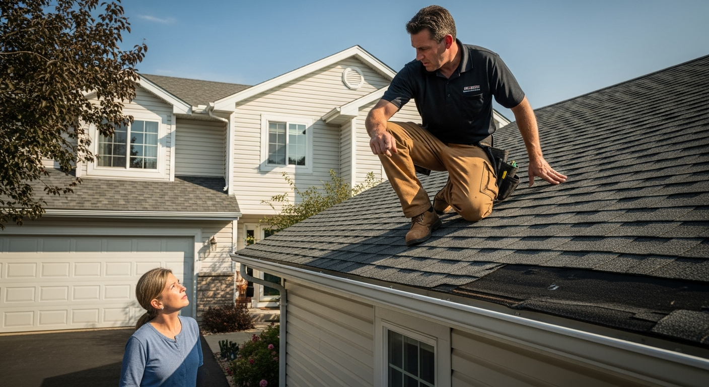 Roofing contractor inspecting residential roof shingles and flashing before hurricane season