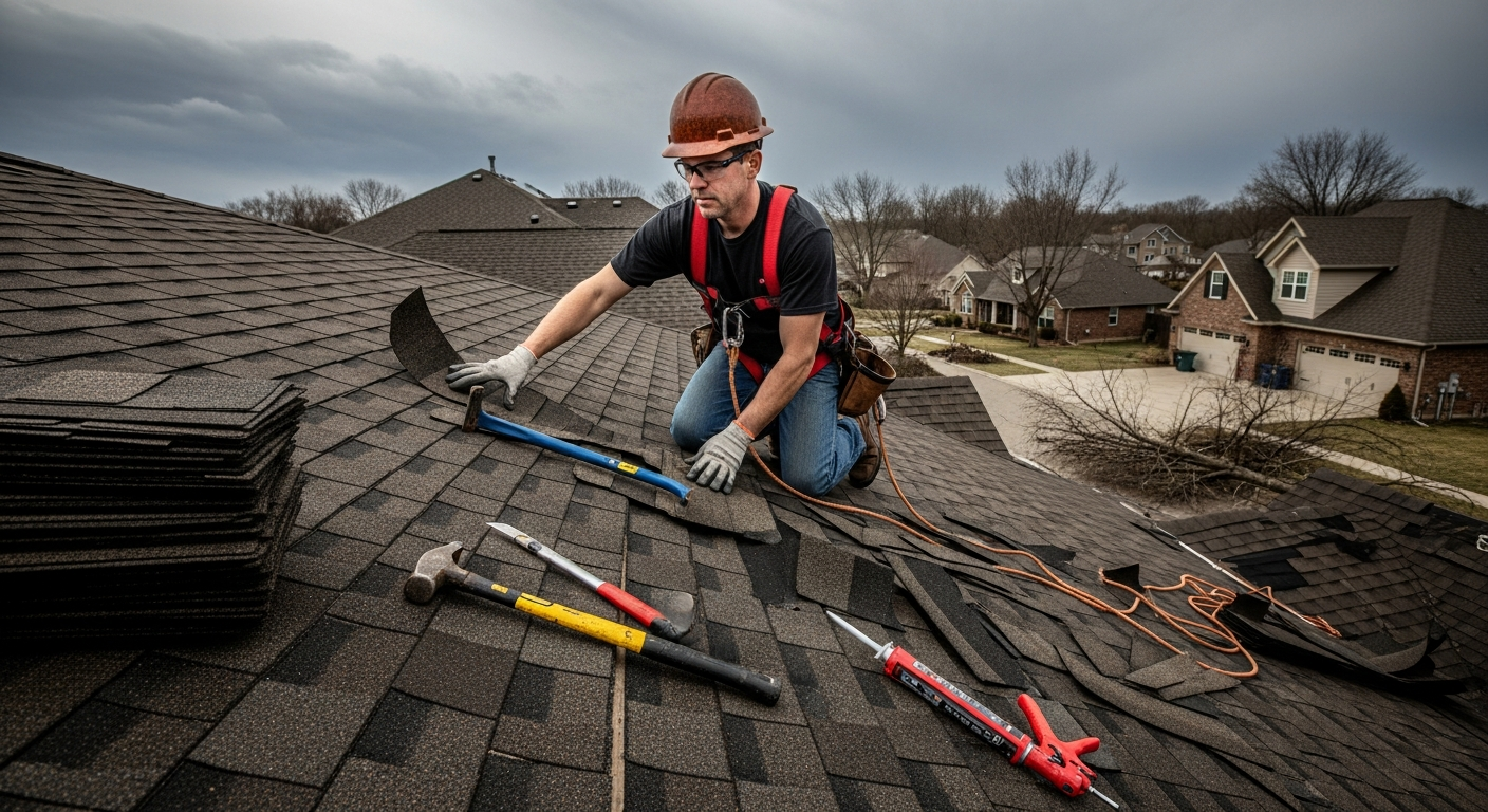 Roofer in safety gear inspecting and replacing torn asphalt shingles after a wind storm