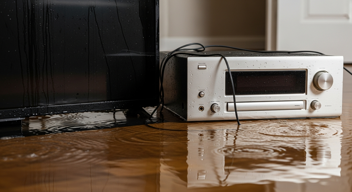 Water-damaged flat-screen television and a stereo receiver sitting in a puddle of water