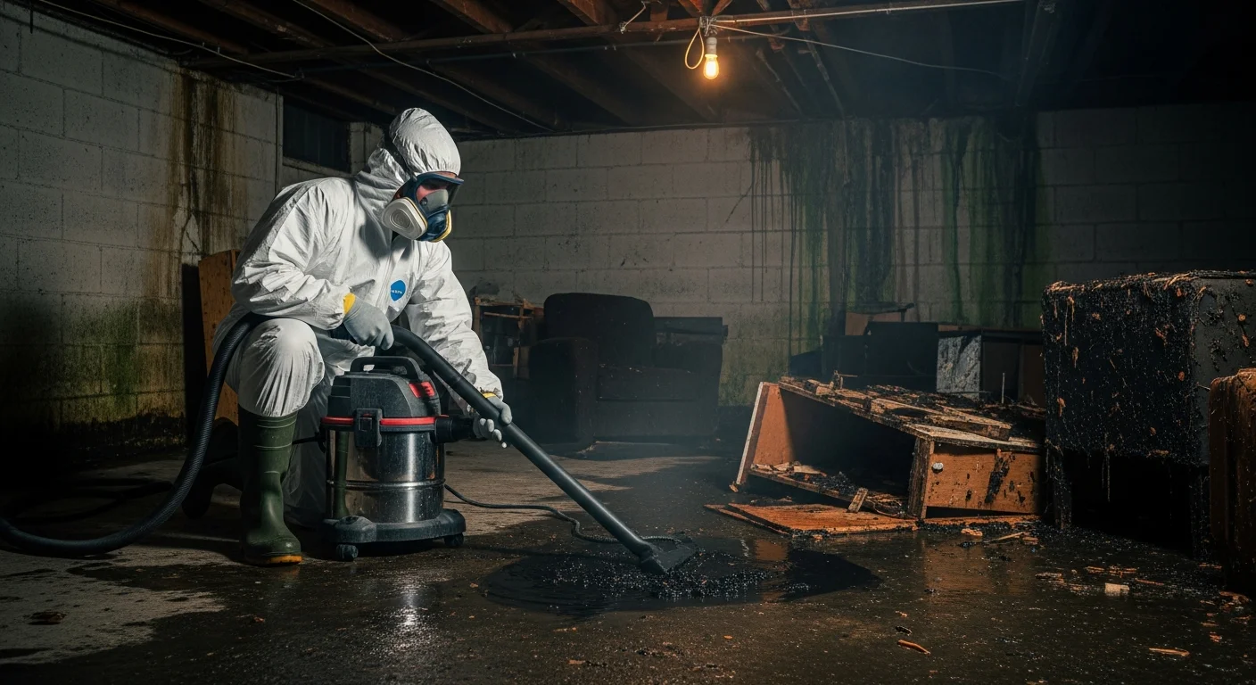Restoration contractor in a full white hazmat suit cleaning a contaminated basement