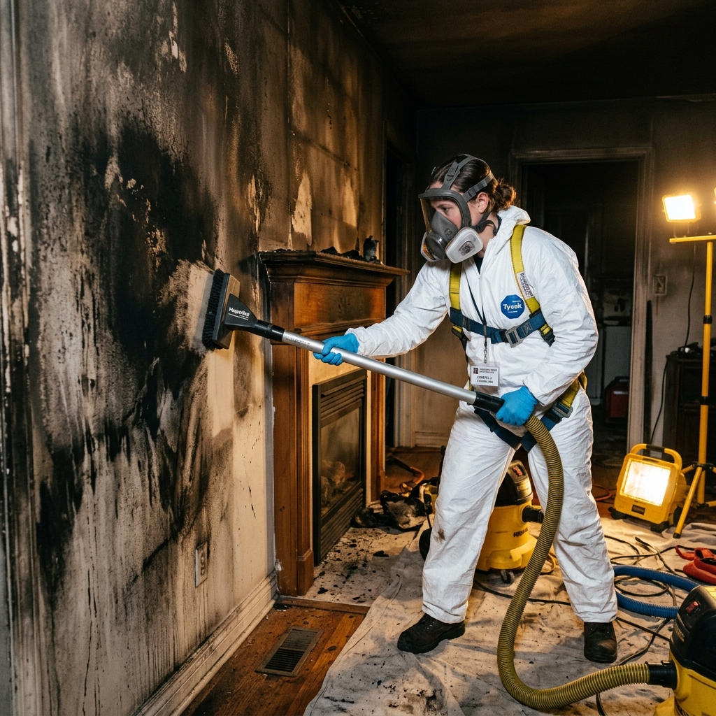 Restoration technician in protective gear cleaning soot from a wall after fire damage