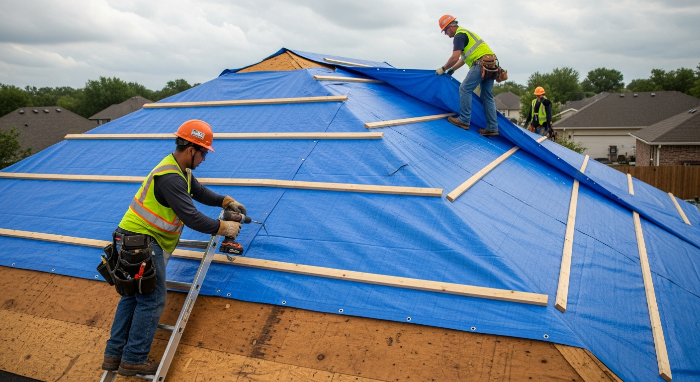 Contractors securing a heavy blue tarp over a damaged residential roof with wooden furring strips