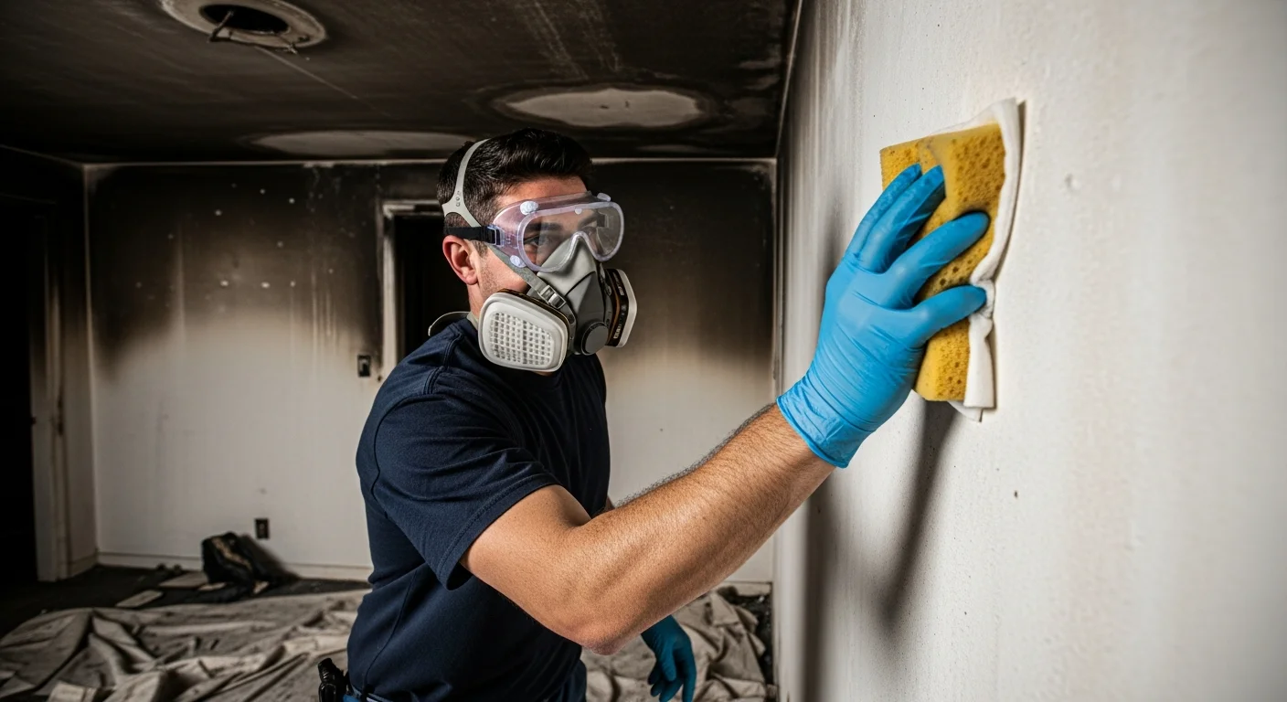 Restoration worker in respirator, goggles, and gloves cleaning soot from a smoke-damaged room