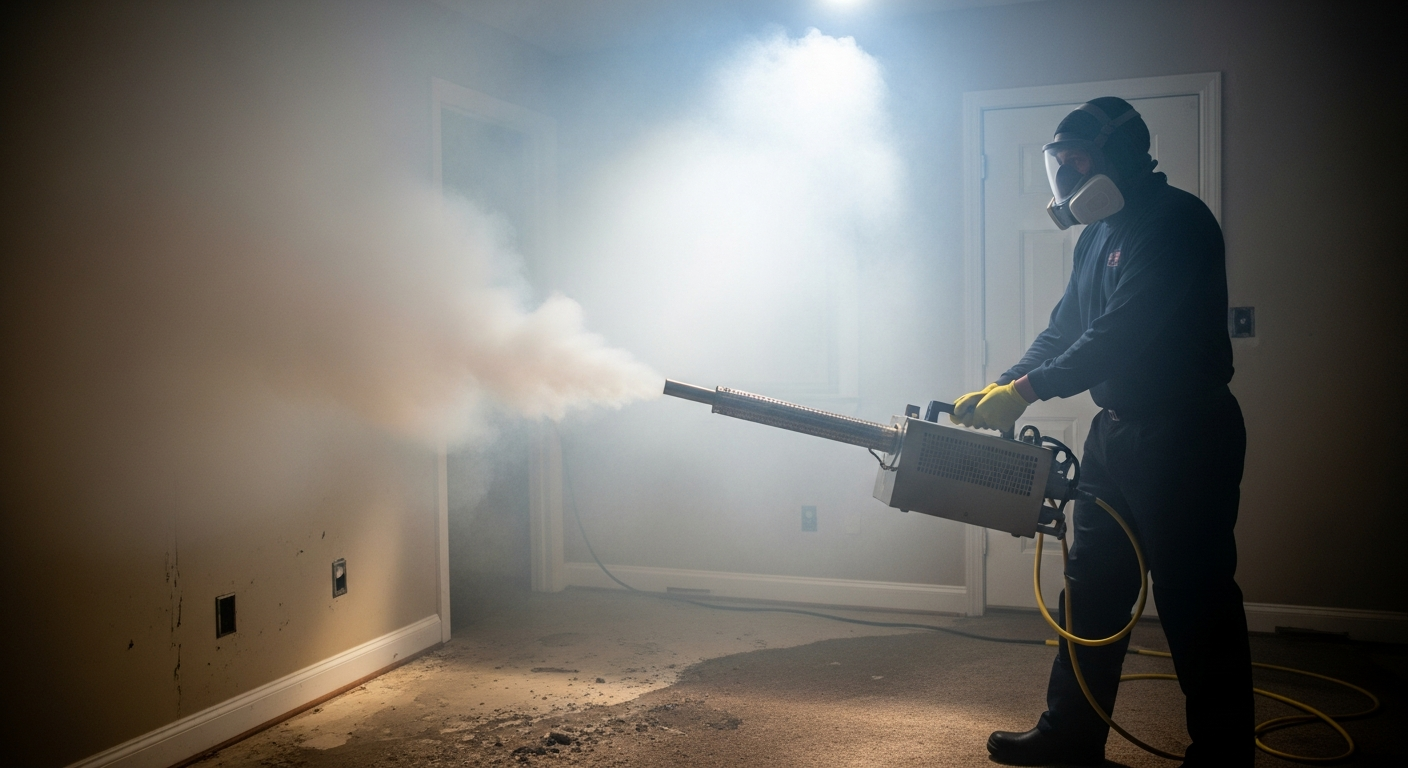 Thermal fogging machine producing deodorising fog in a residential room after flood damage treatment