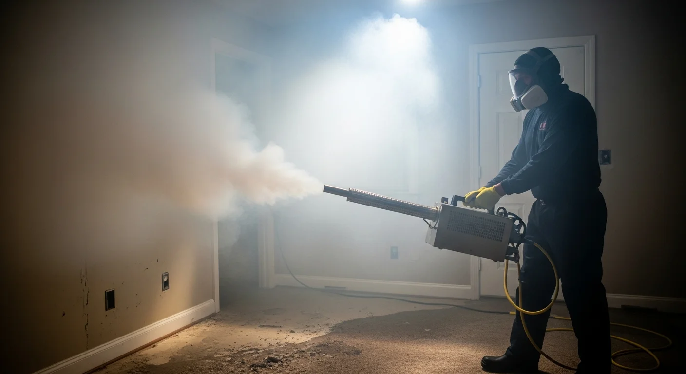 Thermal fogging machine producing deodorising fog in a residential room after flood damage treatment