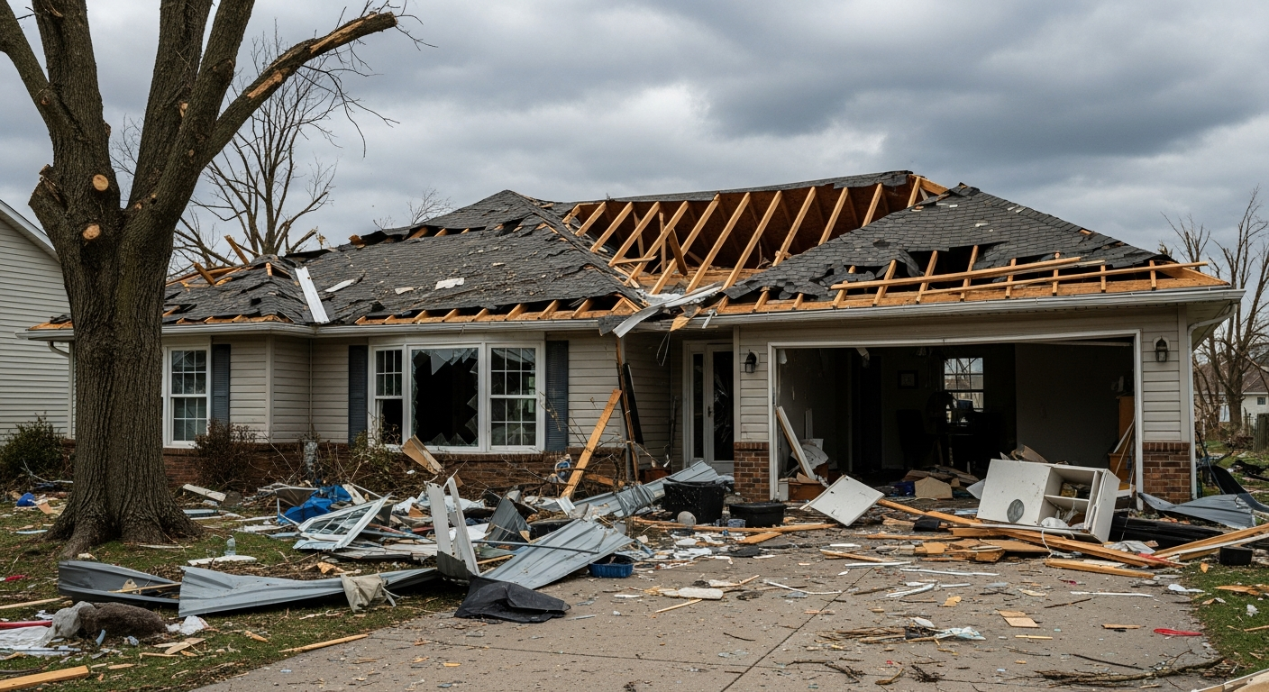 Residential house exterior with significant roof damage and debris in the yard after a tornado