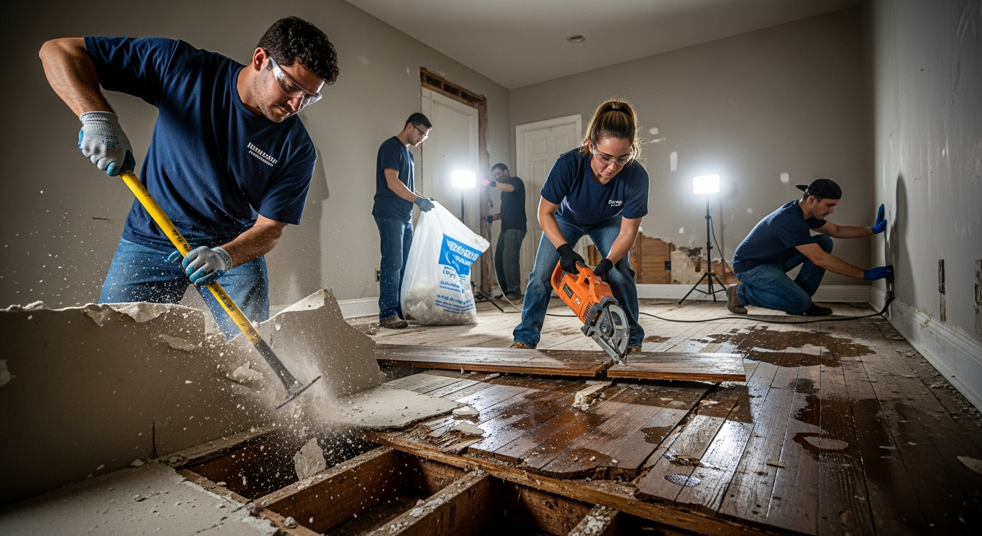 Restoration contractors tearing out wet drywall and ruined hardwood flooring