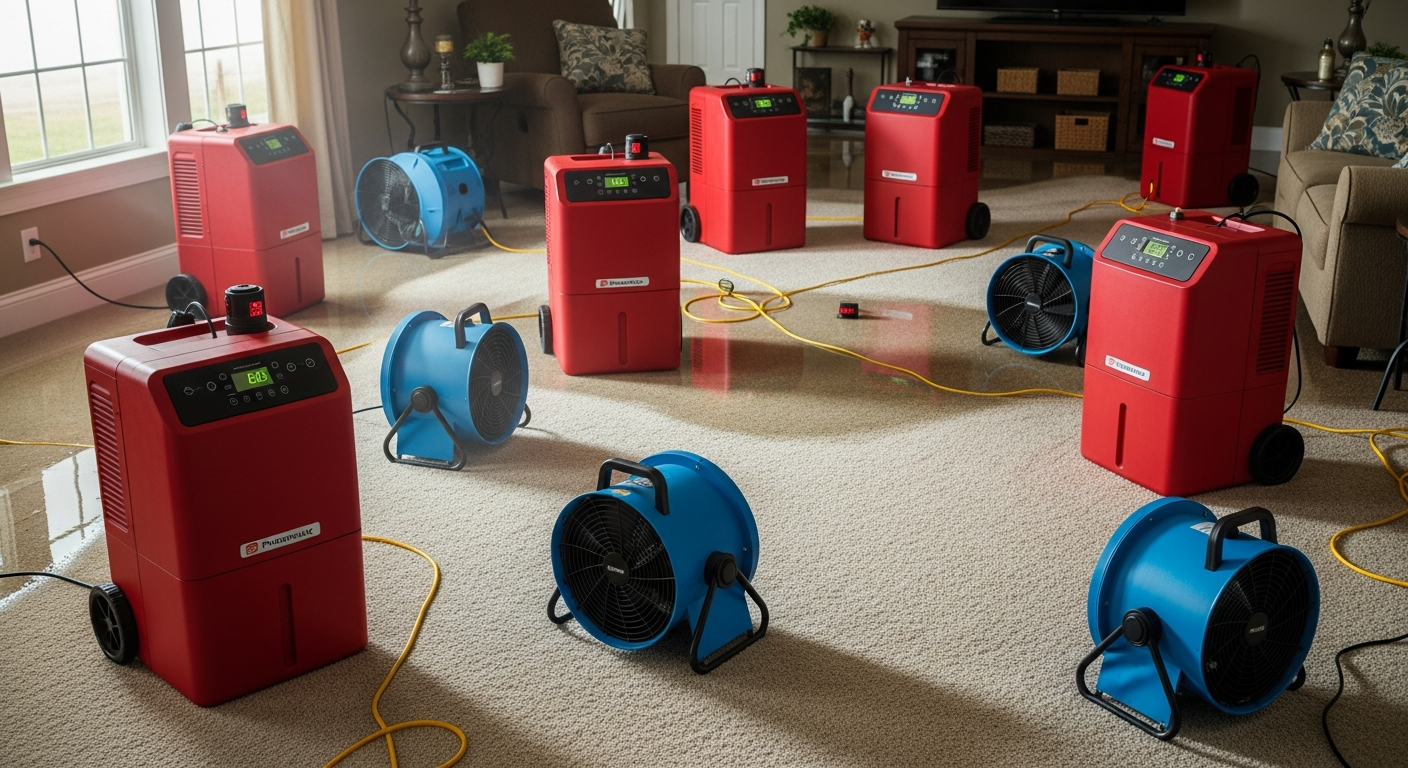 Industrial red dehumidifiers and blue air movers operating on a wet carpet in a living room