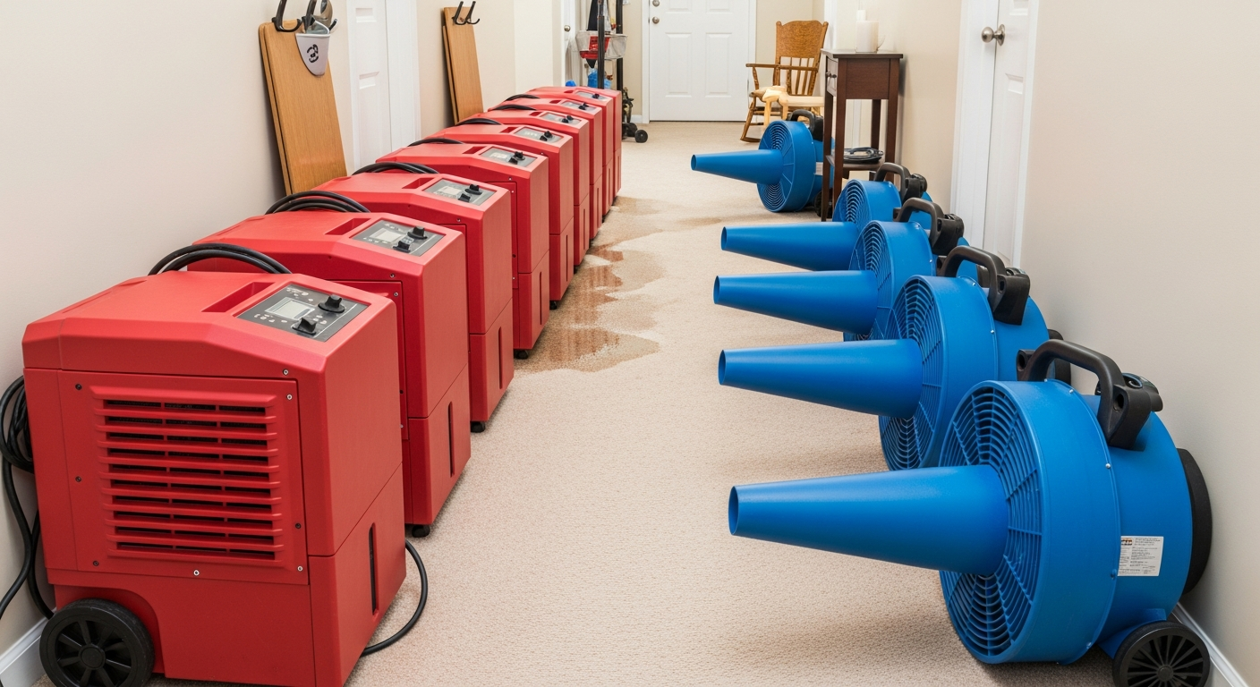 Industrial red dehumidifiers and blue air movers set up in a residential hallway