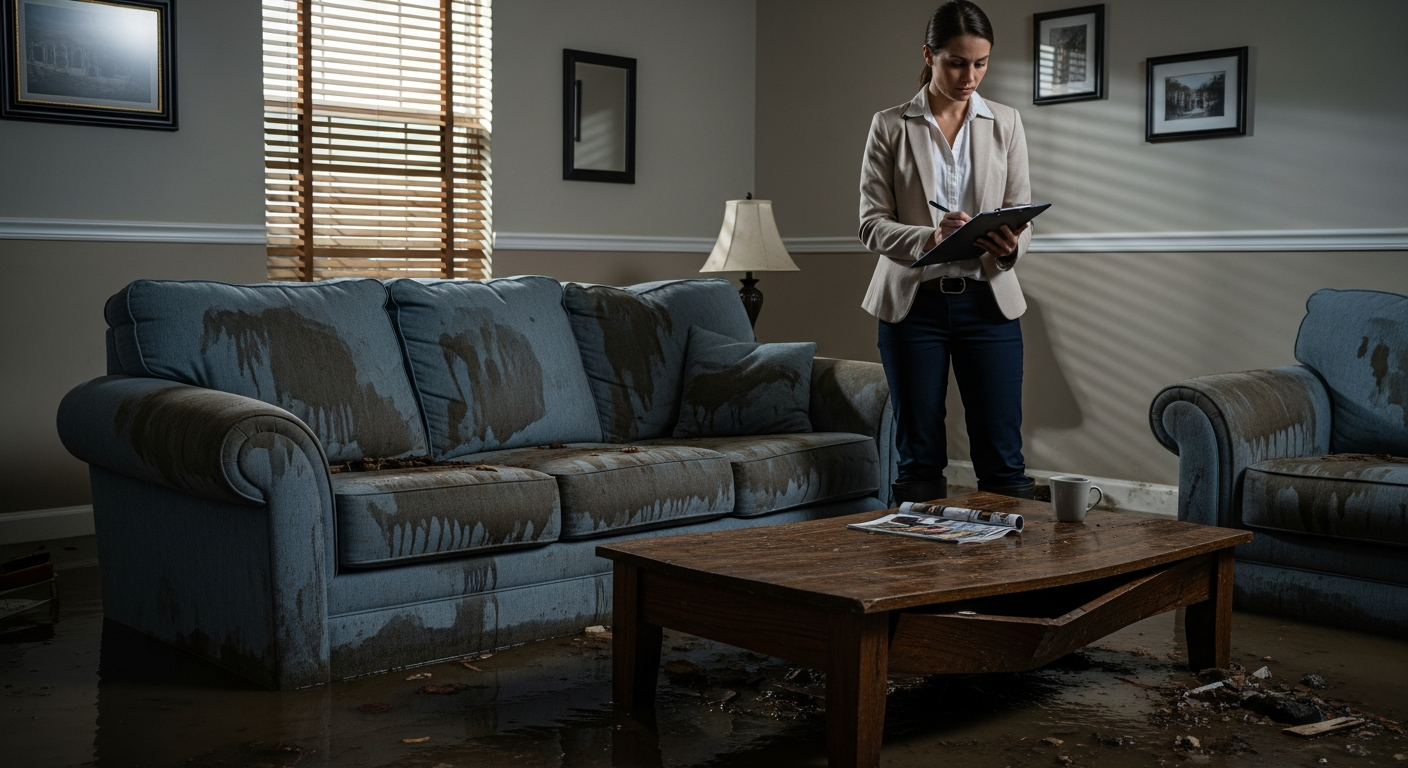 Insurance adjuster with a clipboard examining a heavily water-stained sofa and wooden coffee table