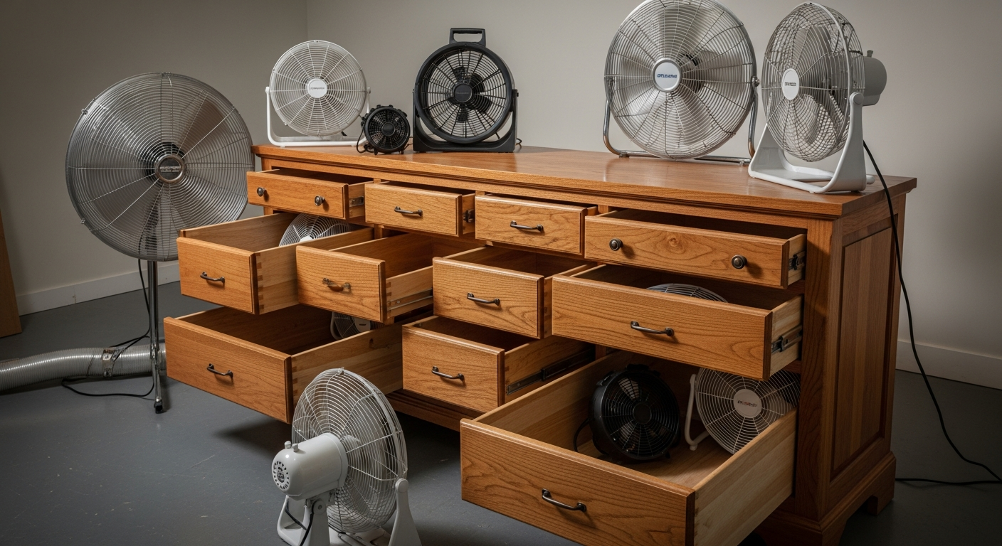 A solid hardwood dresser with drawers removed and propped open in a well-ventilated room, fans visible, drying after water exposure — water damaged furniture restoration