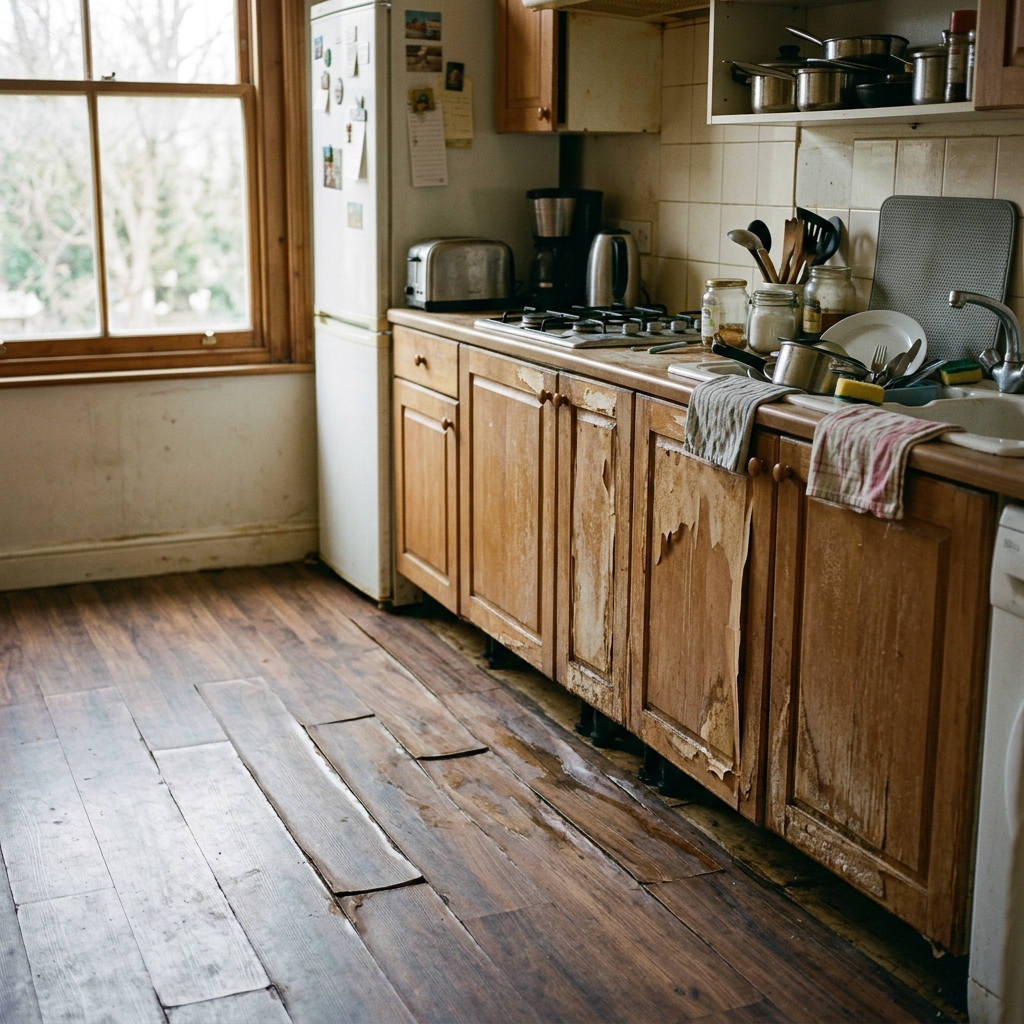 Water-damaged kitchen with warped flooring showing the kind of loss where ACV vs RCV makes a major financial difference