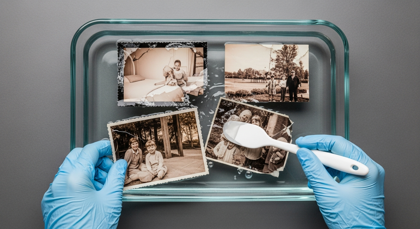 Hands in nitrile gloves using a spatula to gently separate wet photos soaking in distilled water