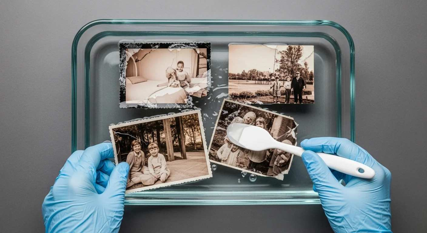 Hands in nitrile gloves using a spatula to gently separate wet photos soaking in distilled water