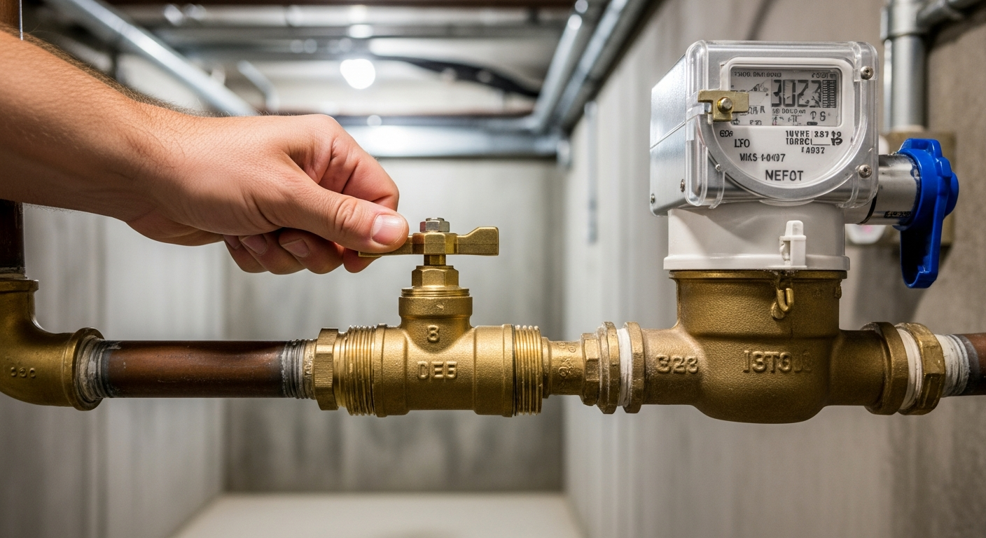 Homeowner turning a main water shut-off valve to stop water flow from a burst pipe
