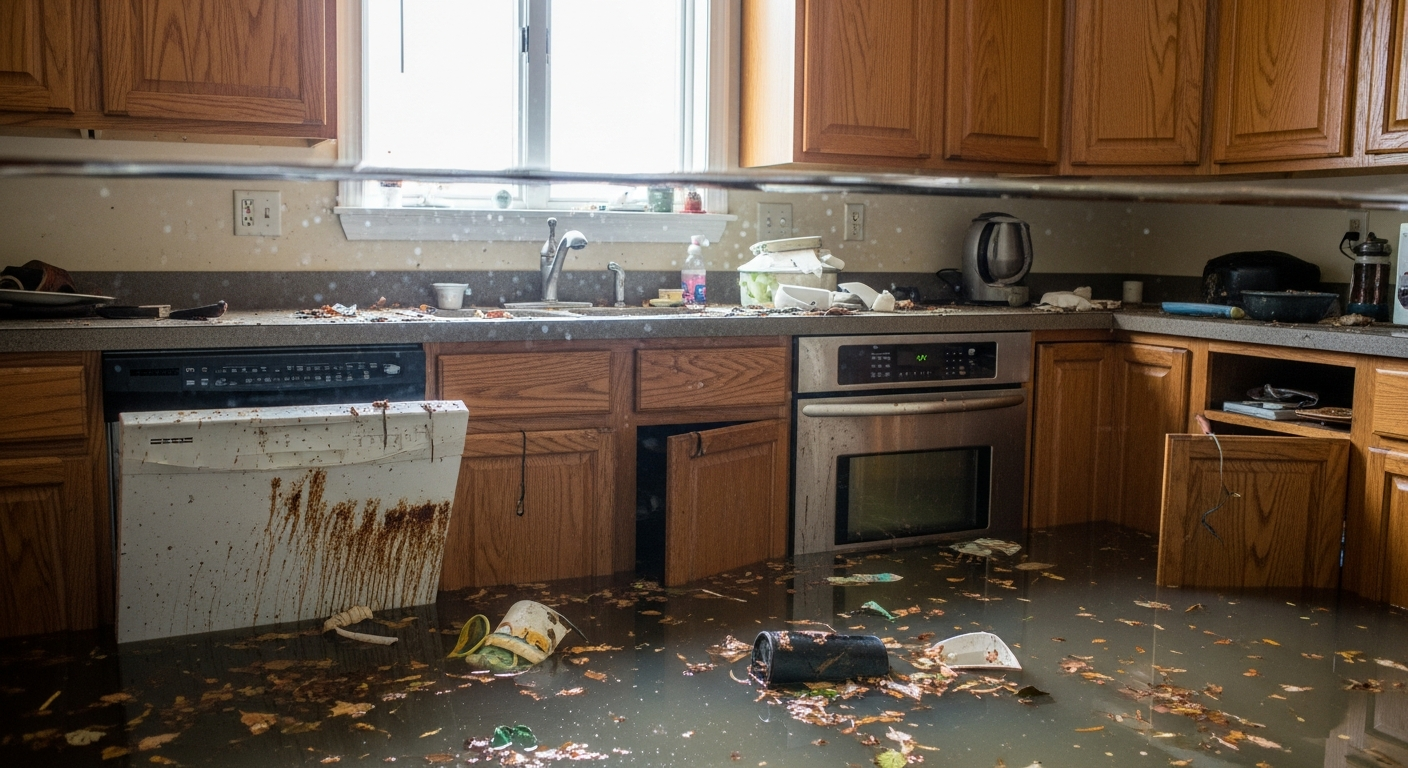 A submerged residential kitchen with water-damaged built-in appliances and lower cabinets, daylight from a window above the waterline — flood insurance cover