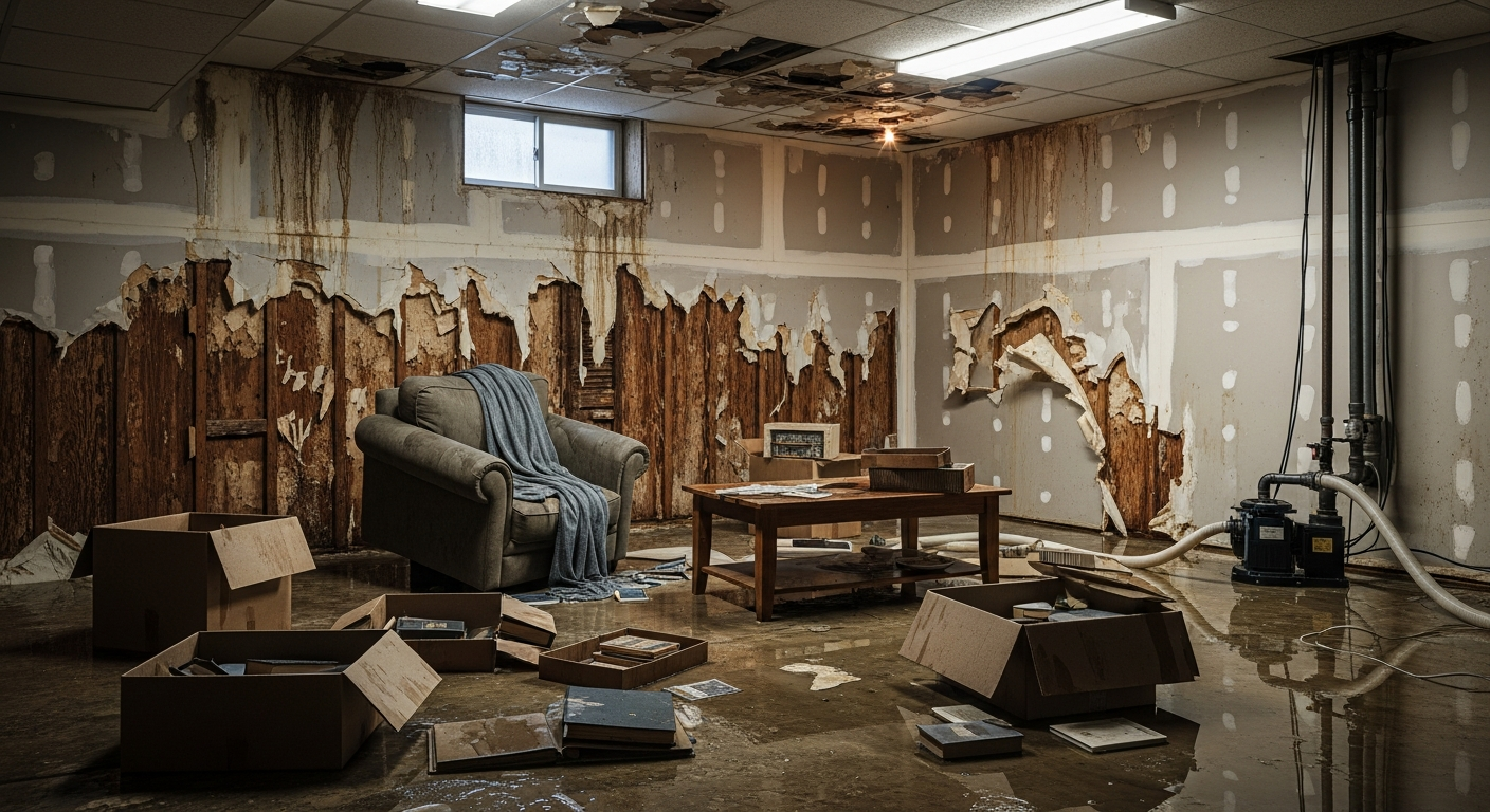 A finished basement with water damage, ruined drywall, displaced furniture and storage boxes, a sump pump visible — flood insurance cover
