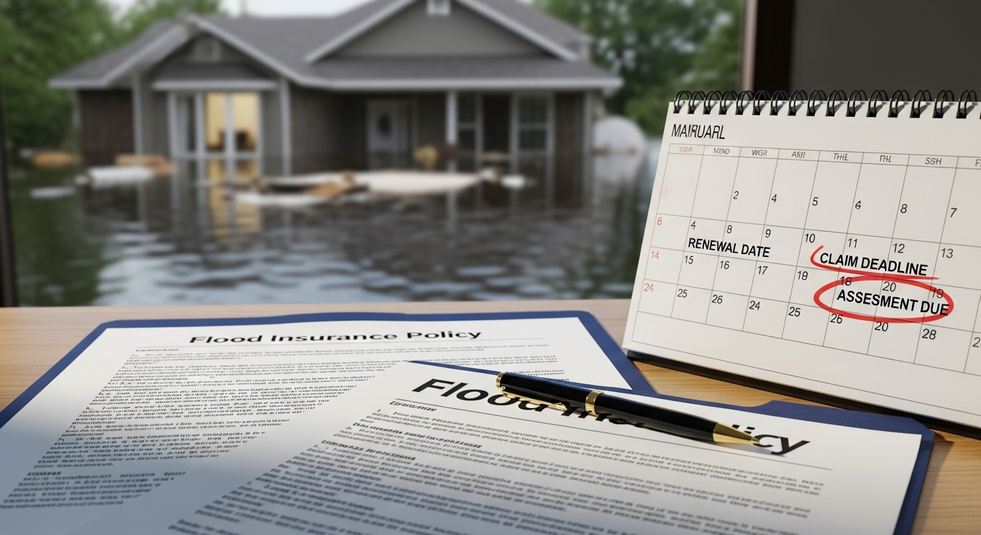 Flood insurance documents and a calendar with key dates, alongside an out-of-focus flooded property in the background — flood insurance cover
