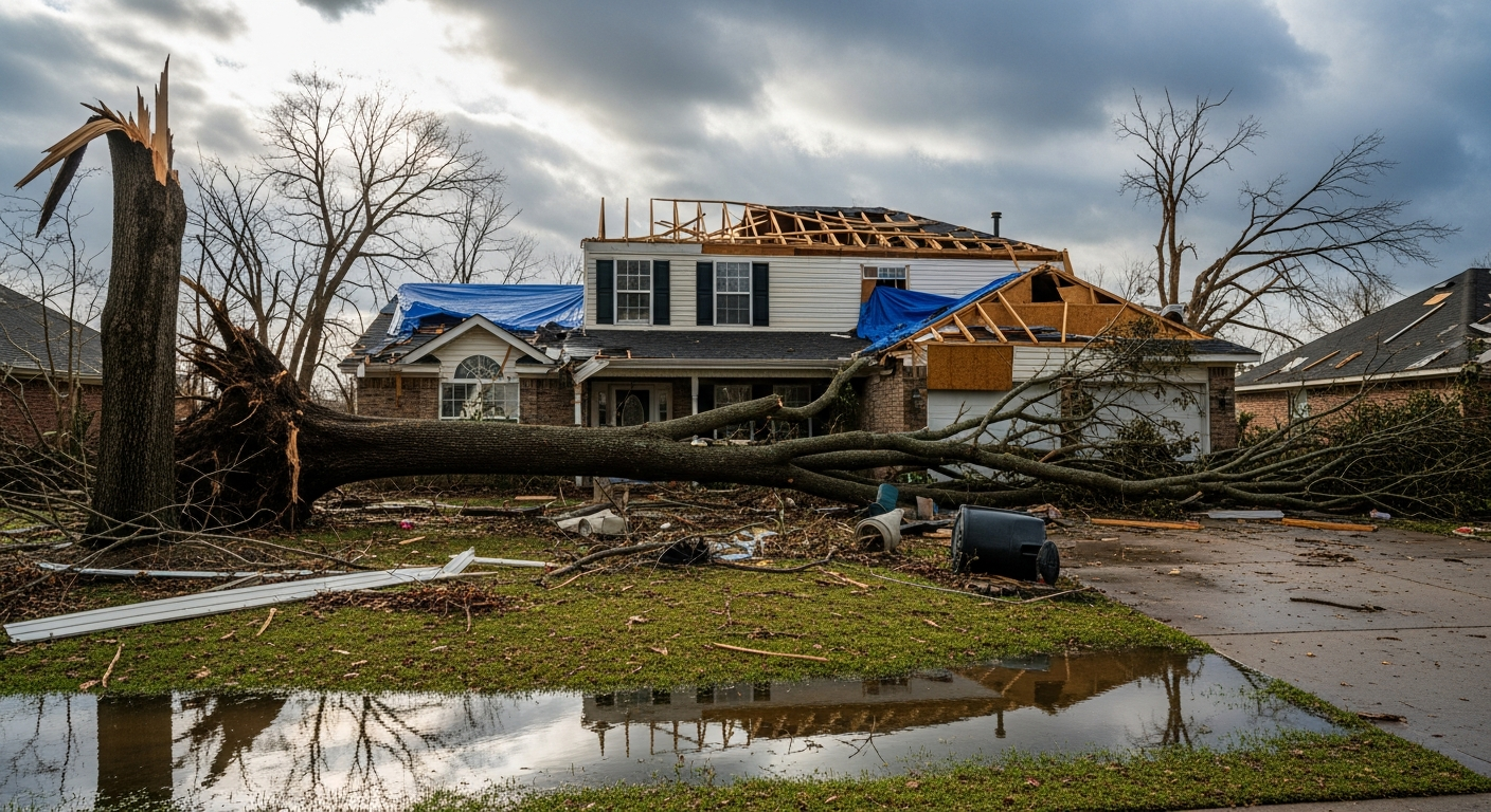 A residential exterior with hurricane wind damage, fallen branches, downed siding, and a hint of standing water on the property, daylight — after hurricane water damage