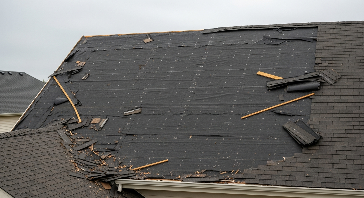 A residential roof with significant wind damage, shingles missing in a defined section, exposed underlayment visible, daylight — wind damage roof repair cost